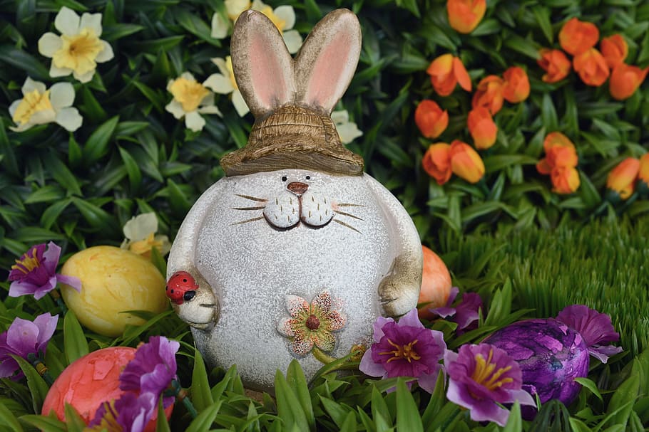 rabbit statue surrounded by flowers, hare, easter bunny, easter eggs HD wallpaper