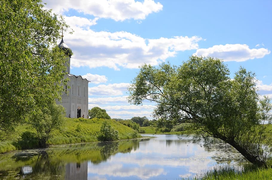 river, clouds, sky, church, water, cloud - sky, reflection HD wallpaper