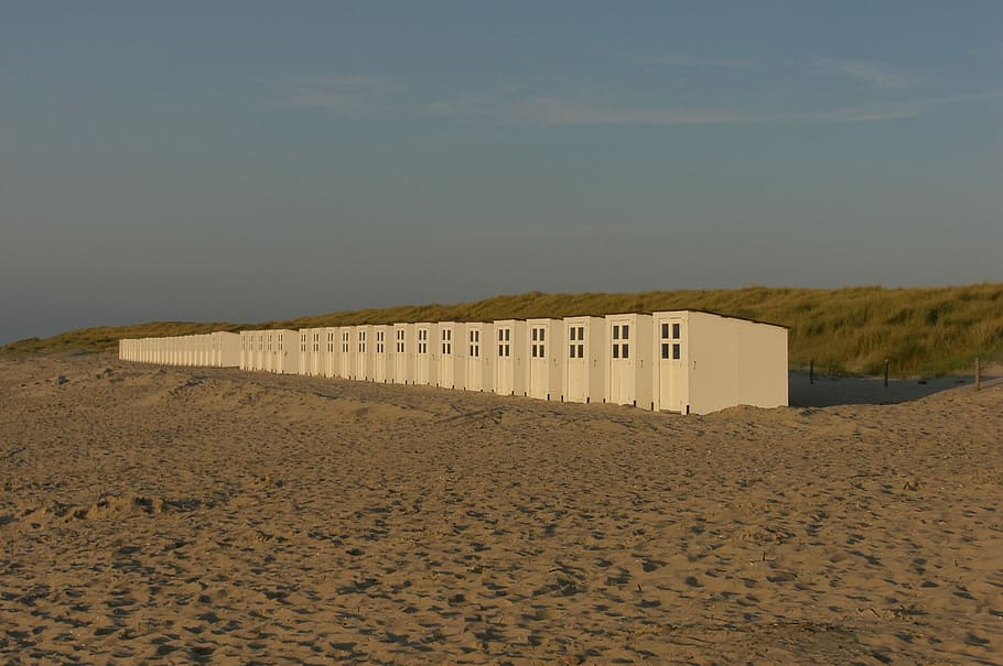 Beach, Shore, Coast, Sand, Hut, summer, dune, white, row, shed HD wallpaper