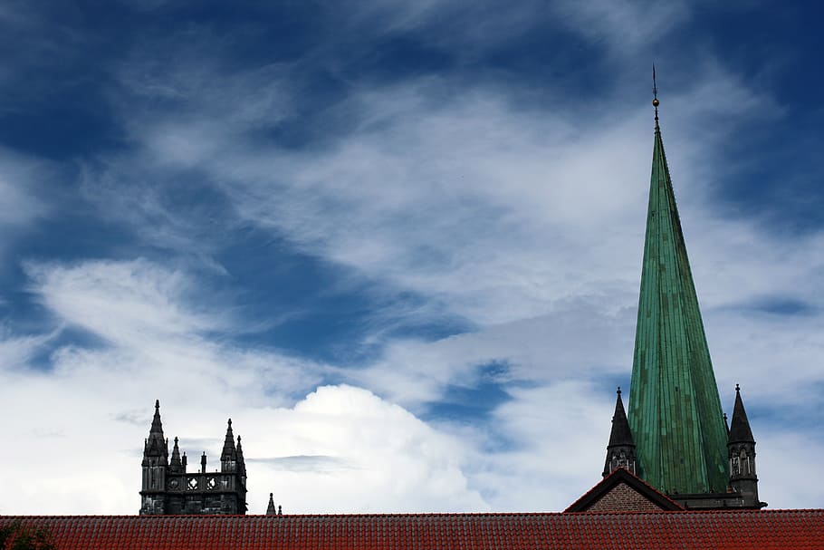 steeple, sky, blue, clouds, church, building, spires, roof HD wallpaper
