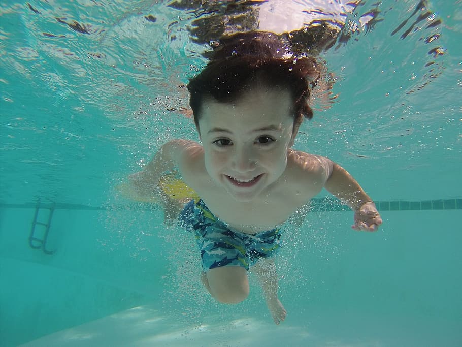 boy in blue shorts swimming on pool during daytime, kid, underwater HD wallpaper
