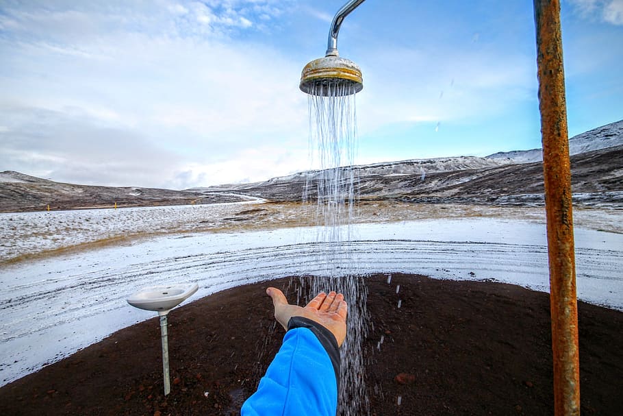 shower, water, pole, sand, mountain, highland, landscape, nature HD wallpaper
