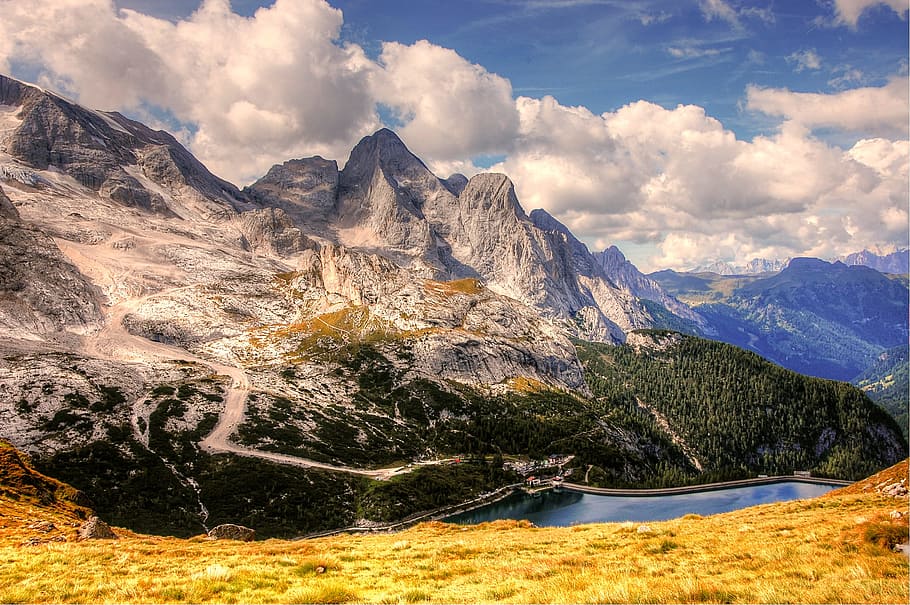 landscape photography of mountain near body of water, Dolomites