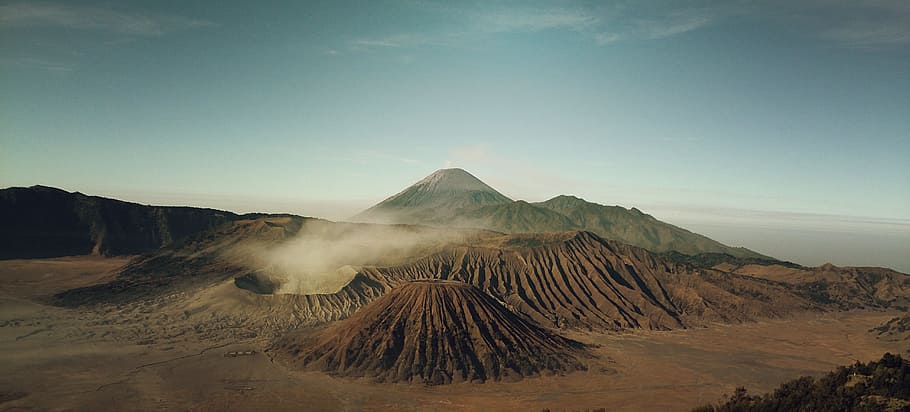 high angle view of volcano, landscape photography of mountain HD wallpaper