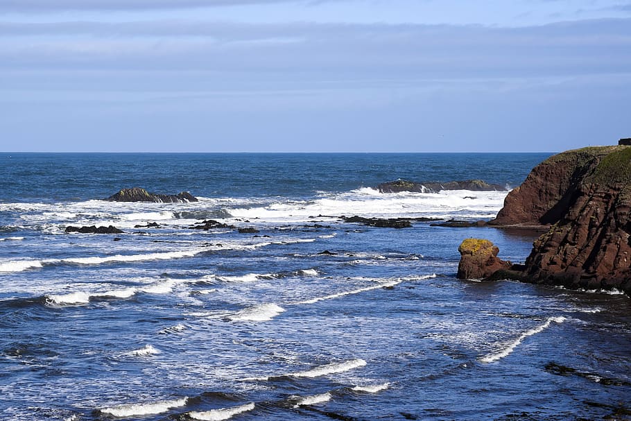 sea, rocks, waves, surf, nature, sky, water, landscape, beach HD wallpaper