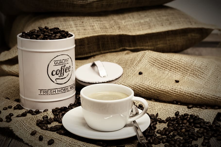 white ceramic cup and saucer beside coffee beans, coffee cup HD wallpaper
