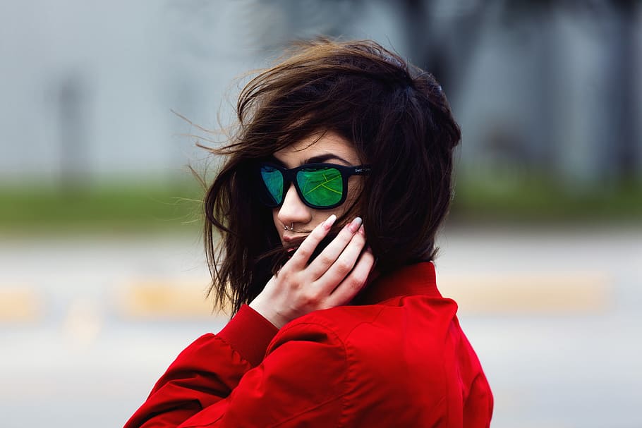 Portrait of woman with long hair wearing sunglasses, people, women