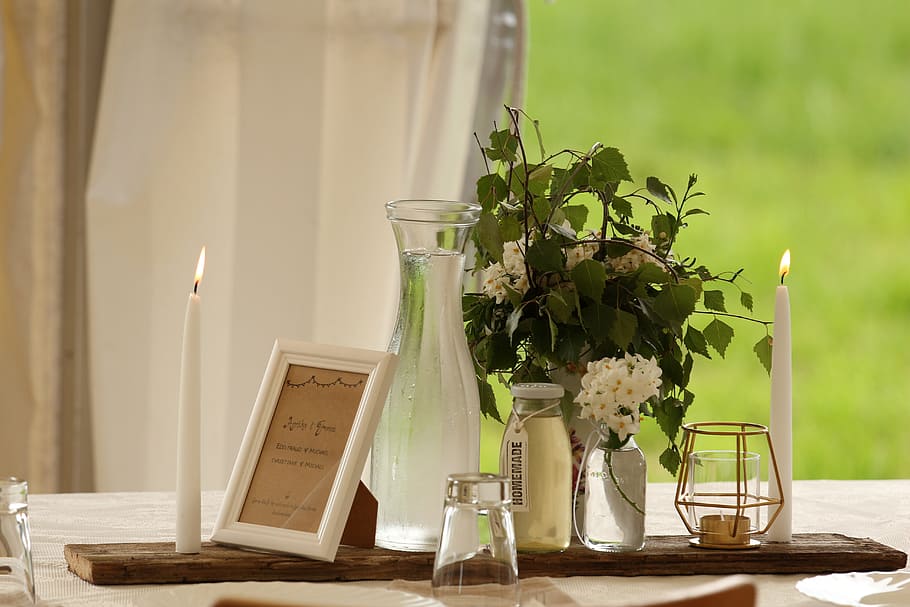 clear glass jar and vase on table surface, deco, water, bouquet HD wallpaper