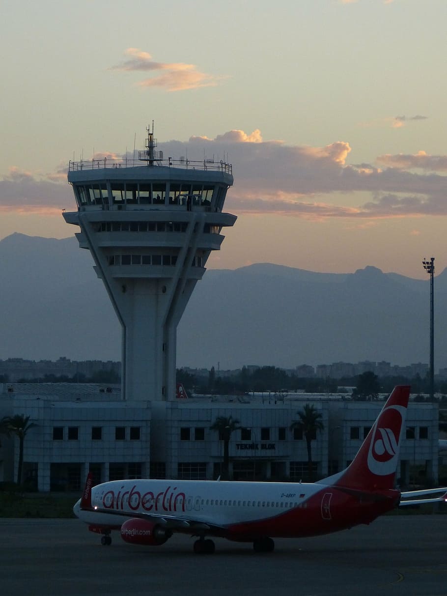 airport, aircraft, tower, antalia, turkey, airplane, transportation, HD wallpaper