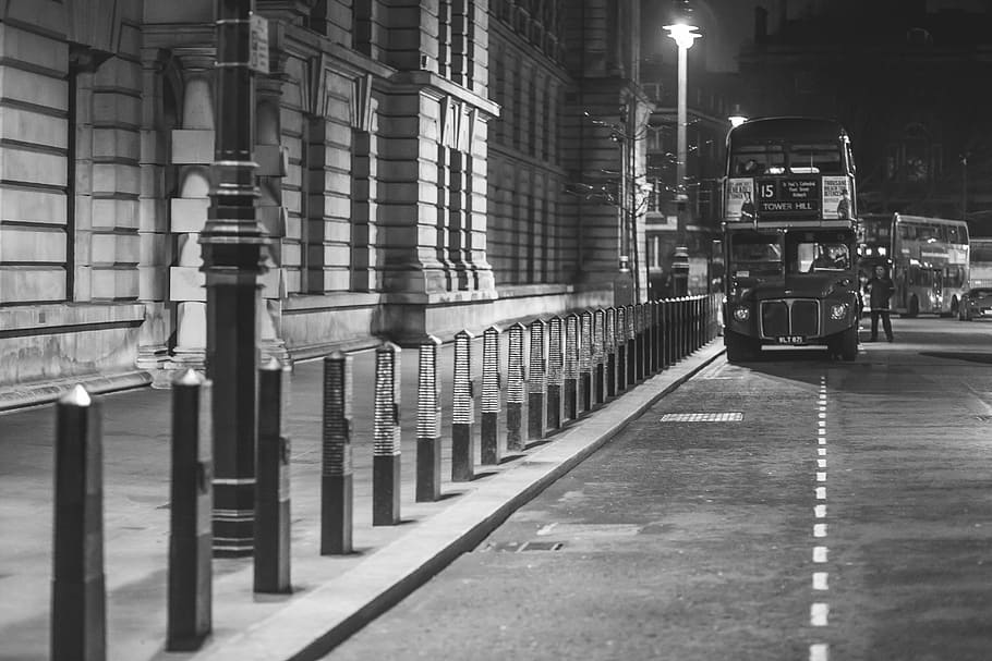 Black and White Vintage London Bus, travel, urban Scene, street