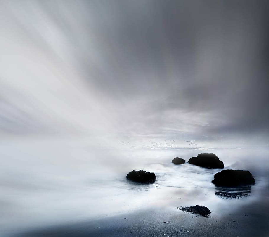 tilt shift lens of seashore, fantasy, clouds, cloudy sky, heaven HD wallpaper