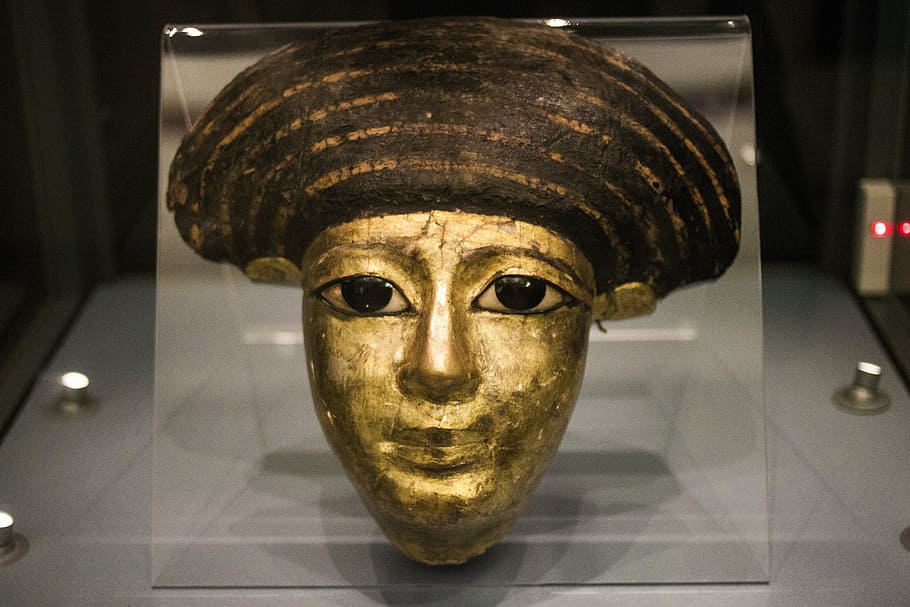 museum, mask, ancient, egyptian, funeral, woman, gold, painted