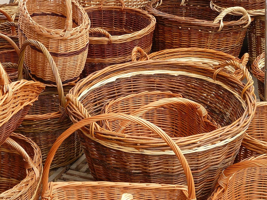brown wicker basket lot, baskets, weave, willow, braided material, HD wallpaper