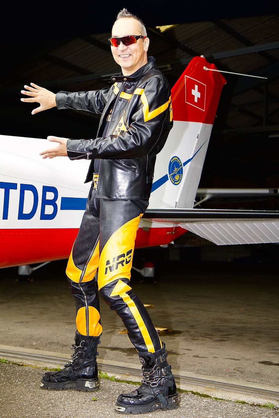 Aircraft, Wing, Fly, Human, Man, leather suit, leather pants HD wallpaper