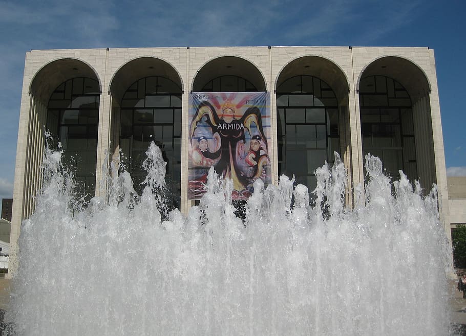 Fountain, Met, Opera, New York, Water, outdoors, day, motion HD wallpaper
