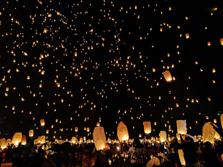 flying lanterns at nighttime, dark, fire, sky, celebration, party