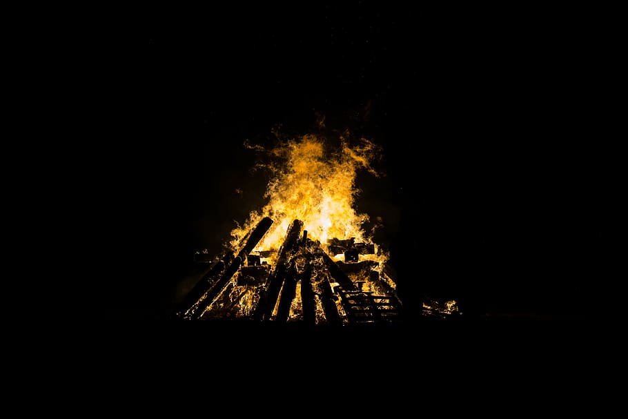 fire during night time, bonfire, burning, dark, flames, heat HD wallpaper