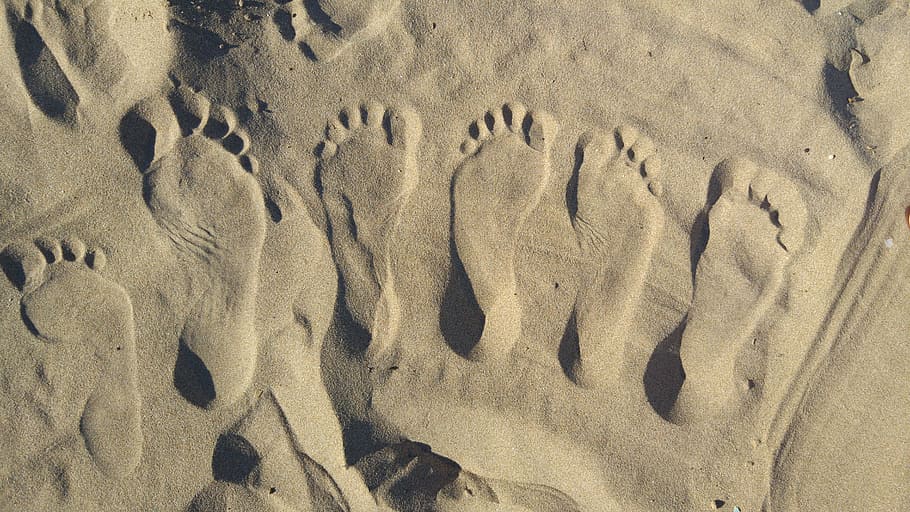 footprints on sand, beach, feet, trace, no people, close-up, nature