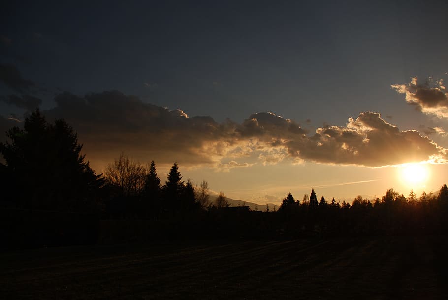 mountain scenery, sun, sunset, trees, nature, horizon, natural landscape HD wallpaper