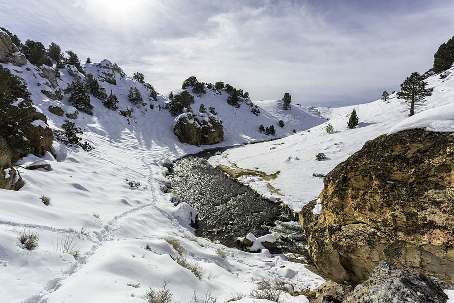 mountain during snow weater, river between land covered with snow during daytime, HD wallpaper