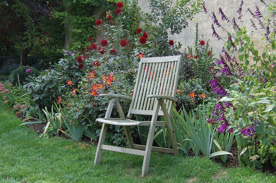 chair, solitary, outdoor, flowers, tranquil, peaceful, garden, HD wallpaper