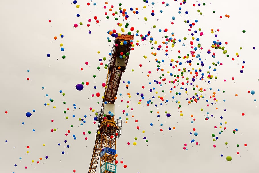 crane, balloons, celebration, construction, bundesplatz, colors HD wallpaper