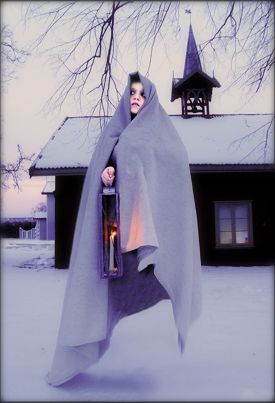 women's grey long scraf, ghost, candle ghost, boy, light, fiction HD wallpaper