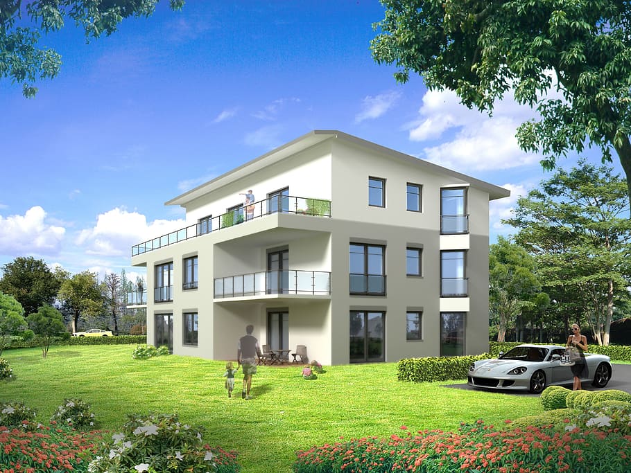 white concreted 3-storey building, multi-family home, villa HD wallpaper