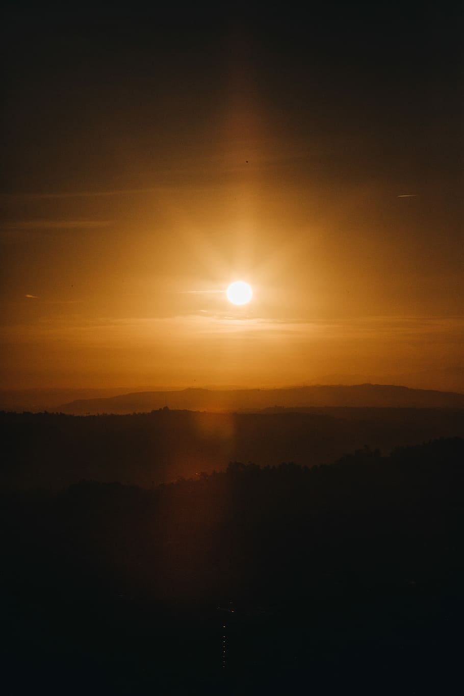 silhouette photo of sunset, aerial photography of mountain range under golden hour HD wallpaper