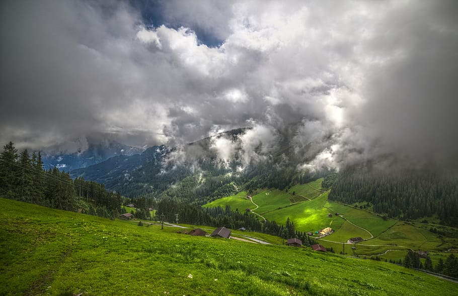 landscape photo of grass field, zillertal, alm, alpine, mountains HD wallpaper