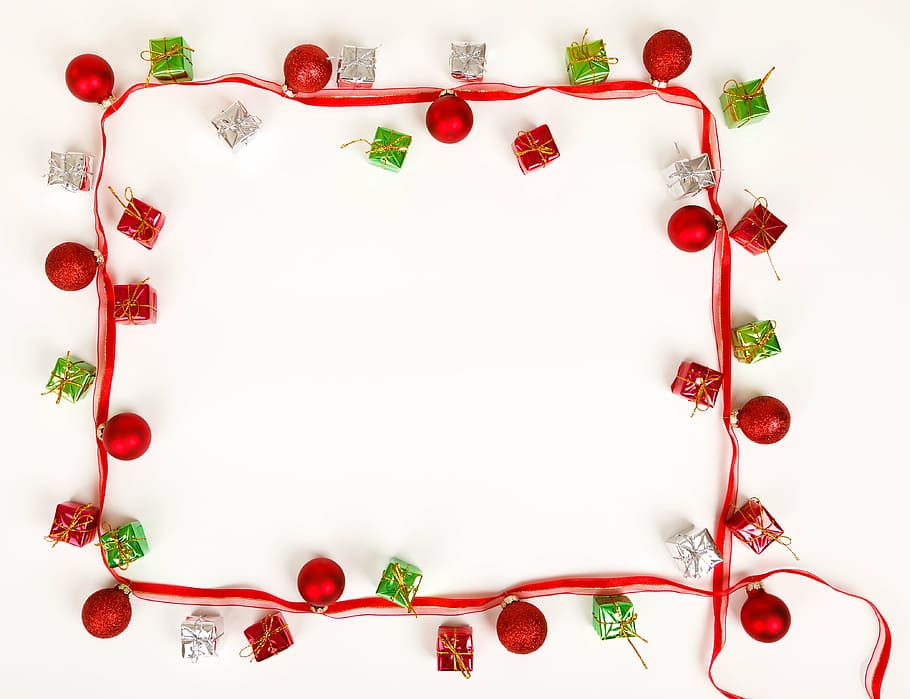 red ribbon with gift box accent, background, ball, bauble, blank HD wallpaper