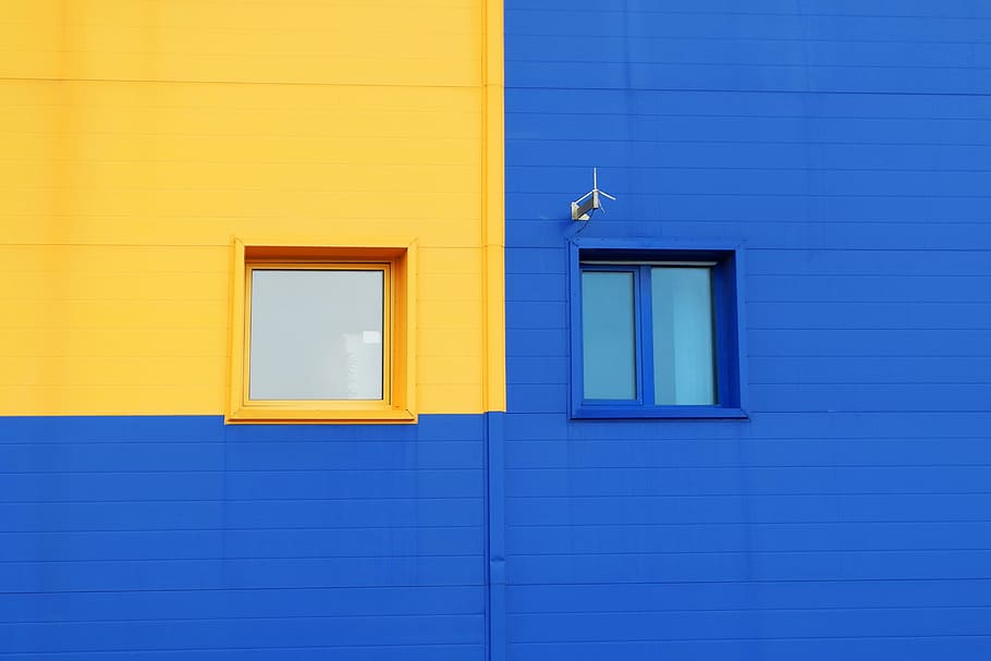 yellow and blue windowpanes, yellow and blue wooden framed glass panel windows HD wallpaper