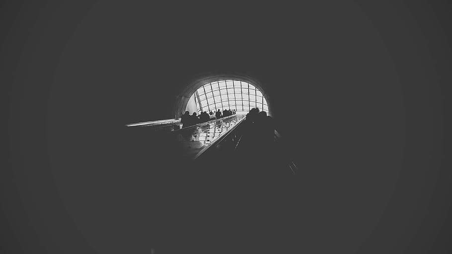 greyscale photography of people inside cave, untitled, escalator HD wallpaper