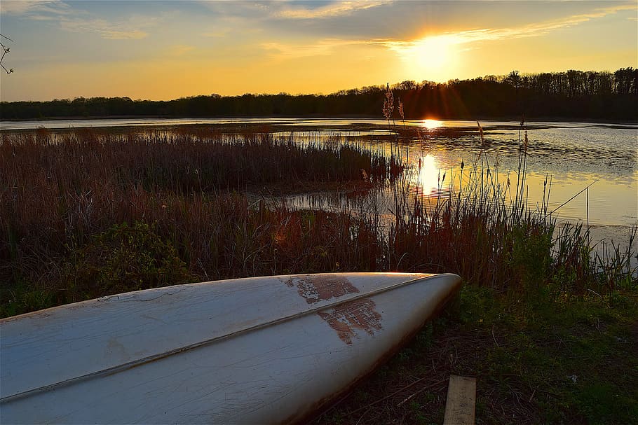 canoe, sunset, lake, water, sky, nature, landscape, reflection HD wallpaper