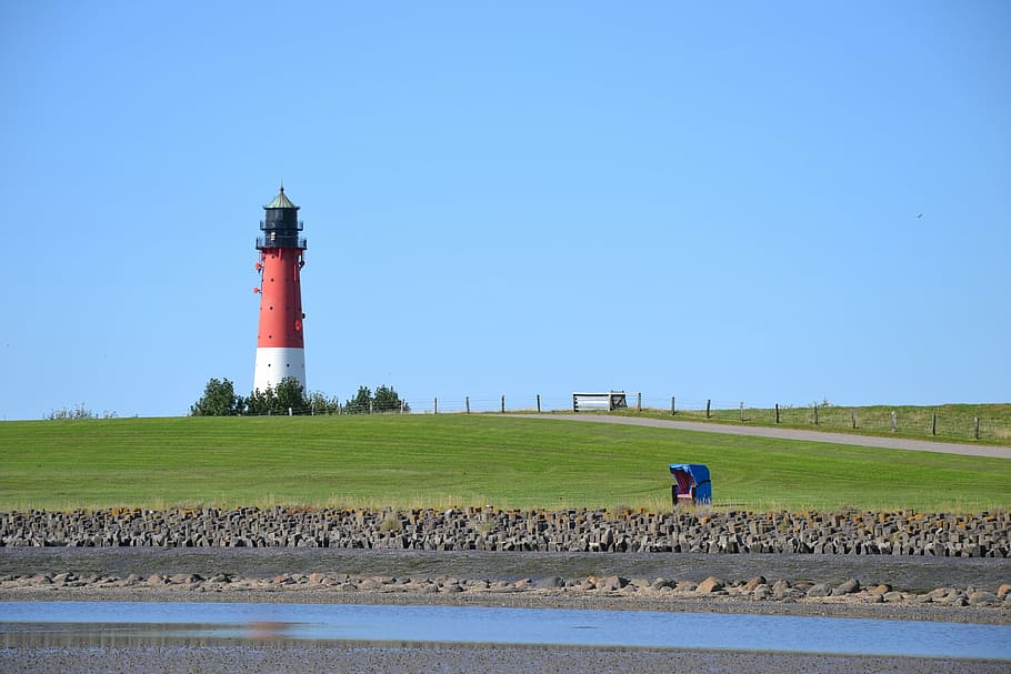 blue, red, white, green, lighthouse, wadden sea, pellworm, coastline HD wallpaper