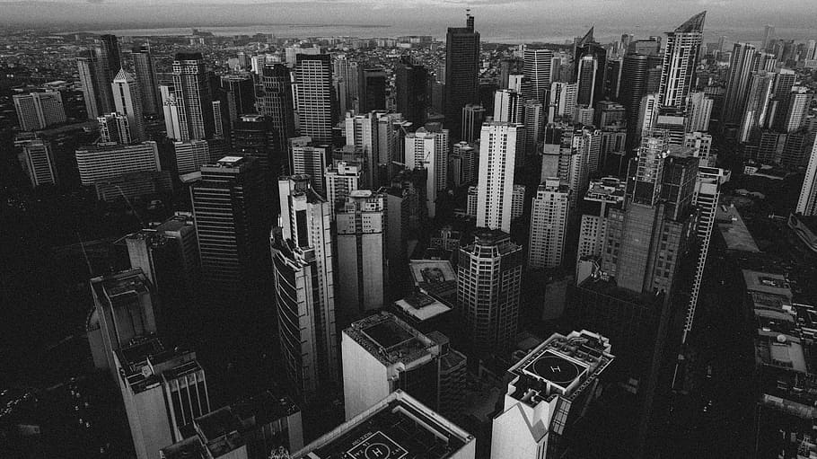 aerial photography of concrete buildings, grayscale photo of buildings HD wallpaper