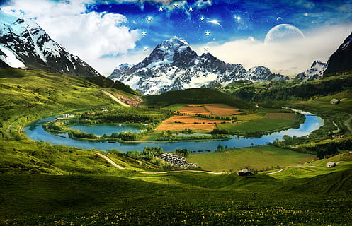 valley with body of water near snow capped mountain, Mountains HD wallpaper