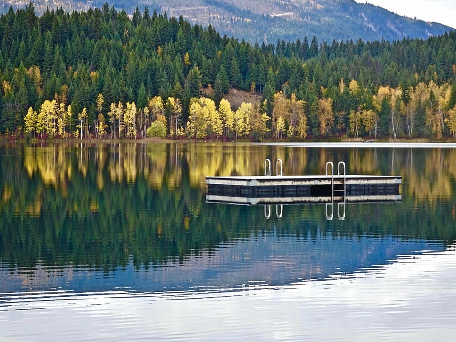 lake, calm, reflection, platform, peaceful, still, landscape HD wallpaper