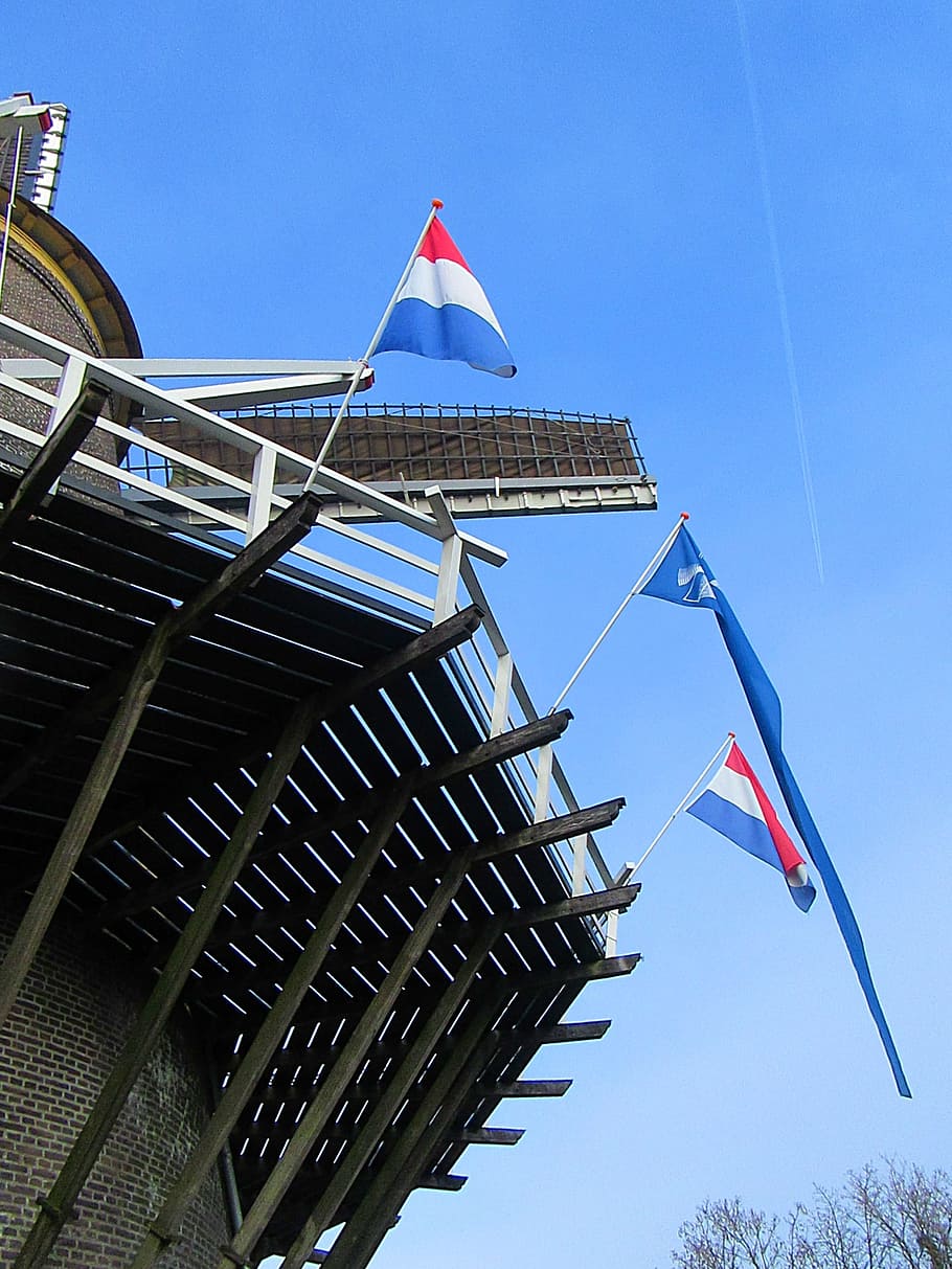 Mill, Flags, Balustrade, detailed mill, wood, blue sky, windmills HD wallpaper