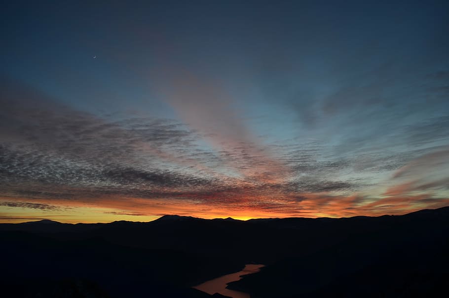 sunset, sky, blue, orange, red, lake, scenics - nature, beauty in nature HD wallpaper