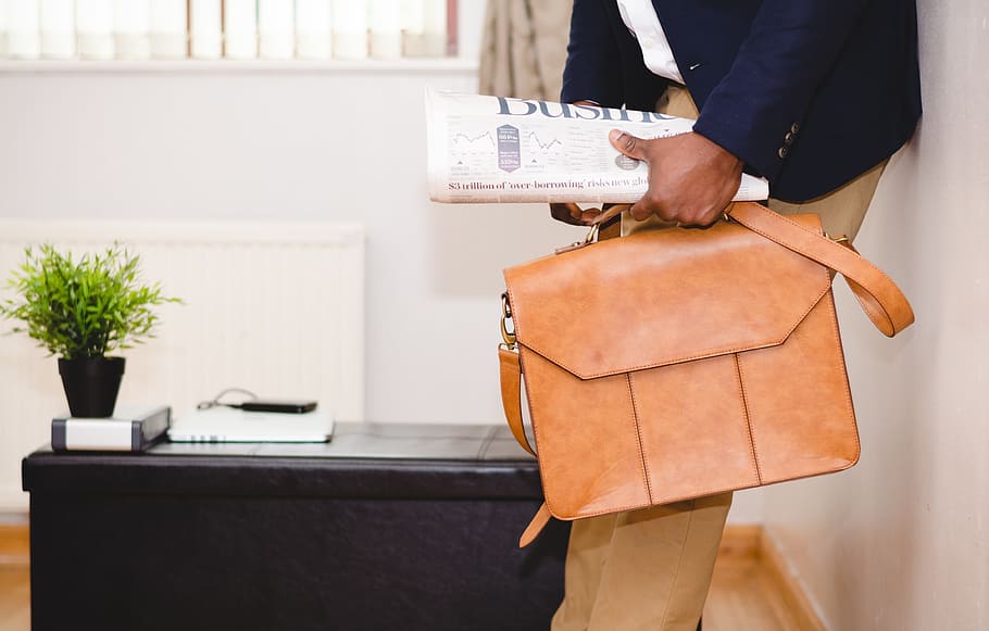 person holding newspaper and brown leather bag, guy, man, business HD wallpaper