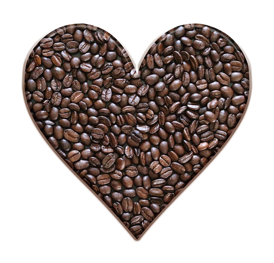 brown coffee beans, heart, roasted, love, shape, seeds, ingredient HD wallpaper