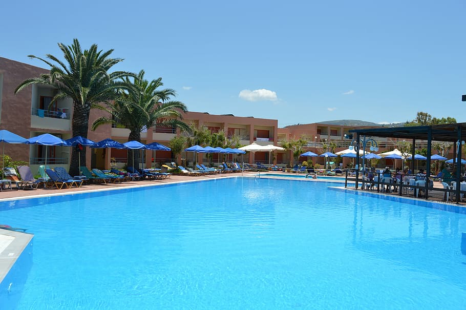 trees, hotel, restaurant, crete, swimming pool, greece, tropical climate HD wallpaper