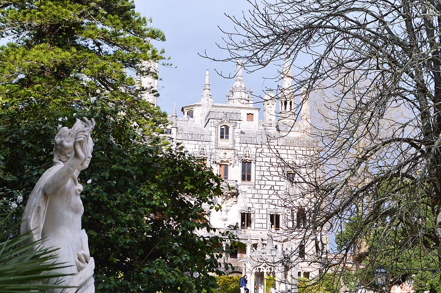 sintra, quinta da regaleira, portugal, castle, tree, architecture, HD wallpaper