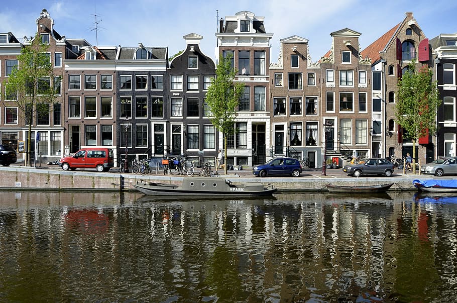 parked vehicles near buildings, amsterdam, europe, hiking, walk, HD wallpaper