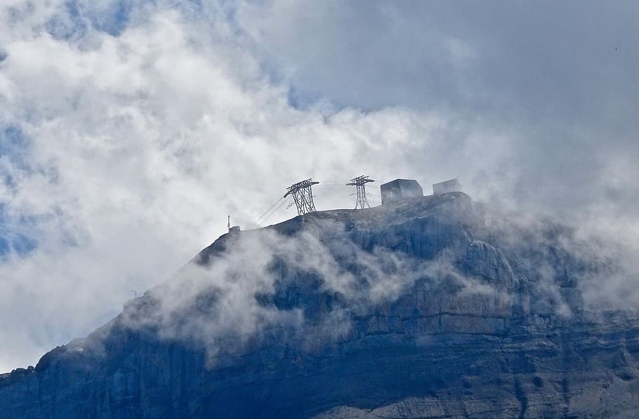 cable car, mountain, nature, panoramic, sky, snow, peak, scene HD wallpaper
