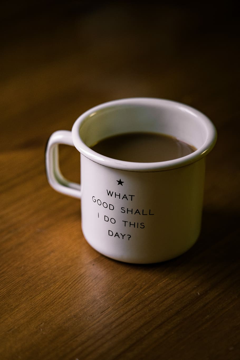 white and black ceramic cup filled with brown liquid on brown wooden sufface, white and black what good shall i do this day?-printed ceramic mug filled with coffee on brown wooden table