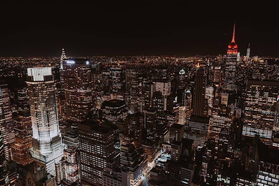 aerial photo of Empire State building during nighttime, aerial photo of building during nighttime HD wallpaper