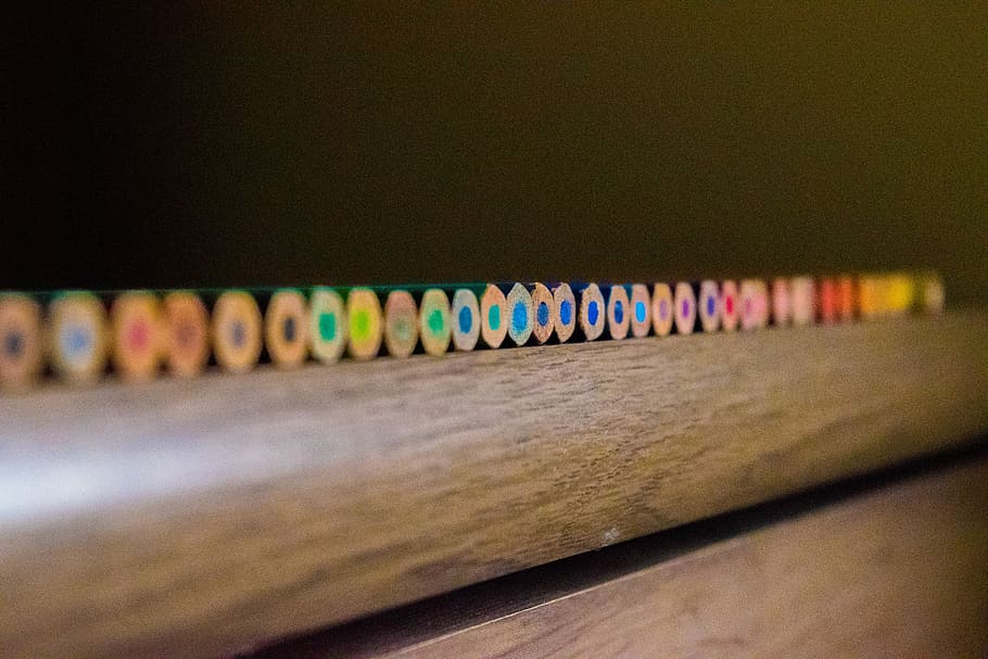 closeup photo of color pencil on brown surface, untitled, colour HD wallpaper
