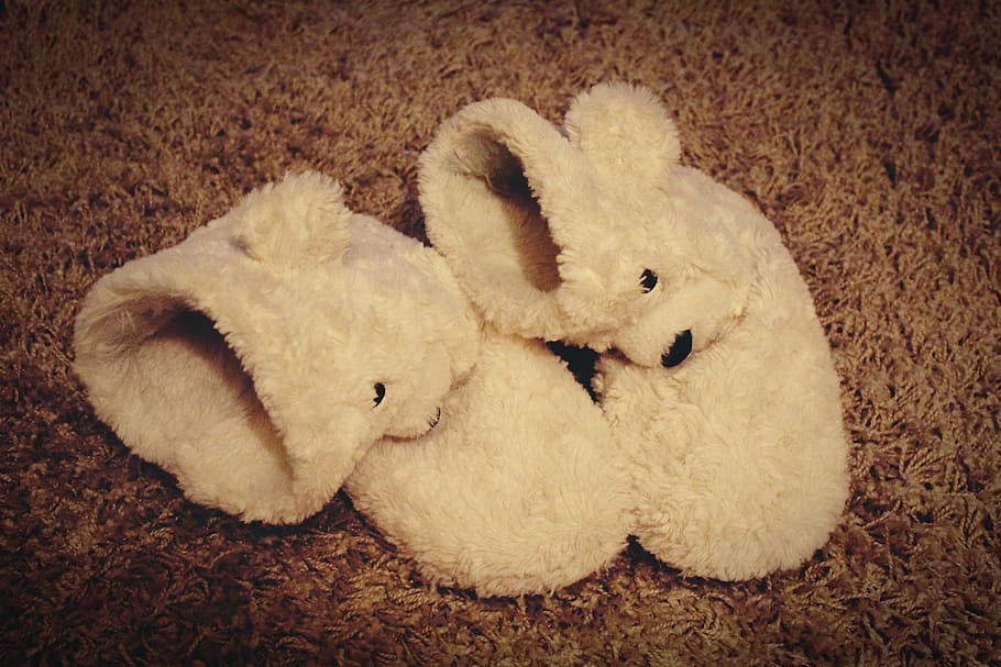 pair of white polar bear boots, slippers, bear face, puschen HD wallpaper